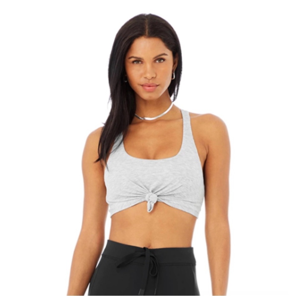 ALO Yoga Light Gray Heathered Knotted Tank Top Sports Bra